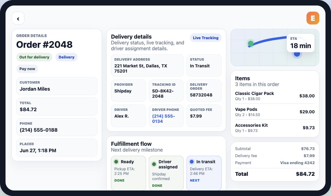 SmokeOrder order details dashboard showing delivery status, fulfillment flow, and order total